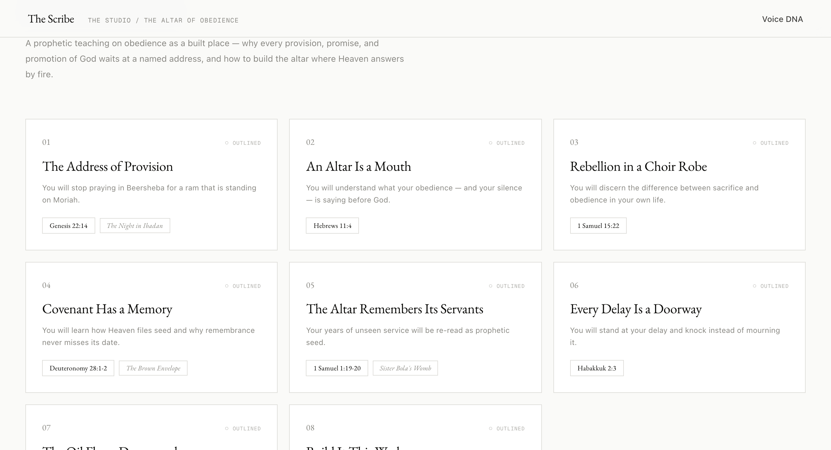 The manuscript outline — chapter cards with anchor scriptures