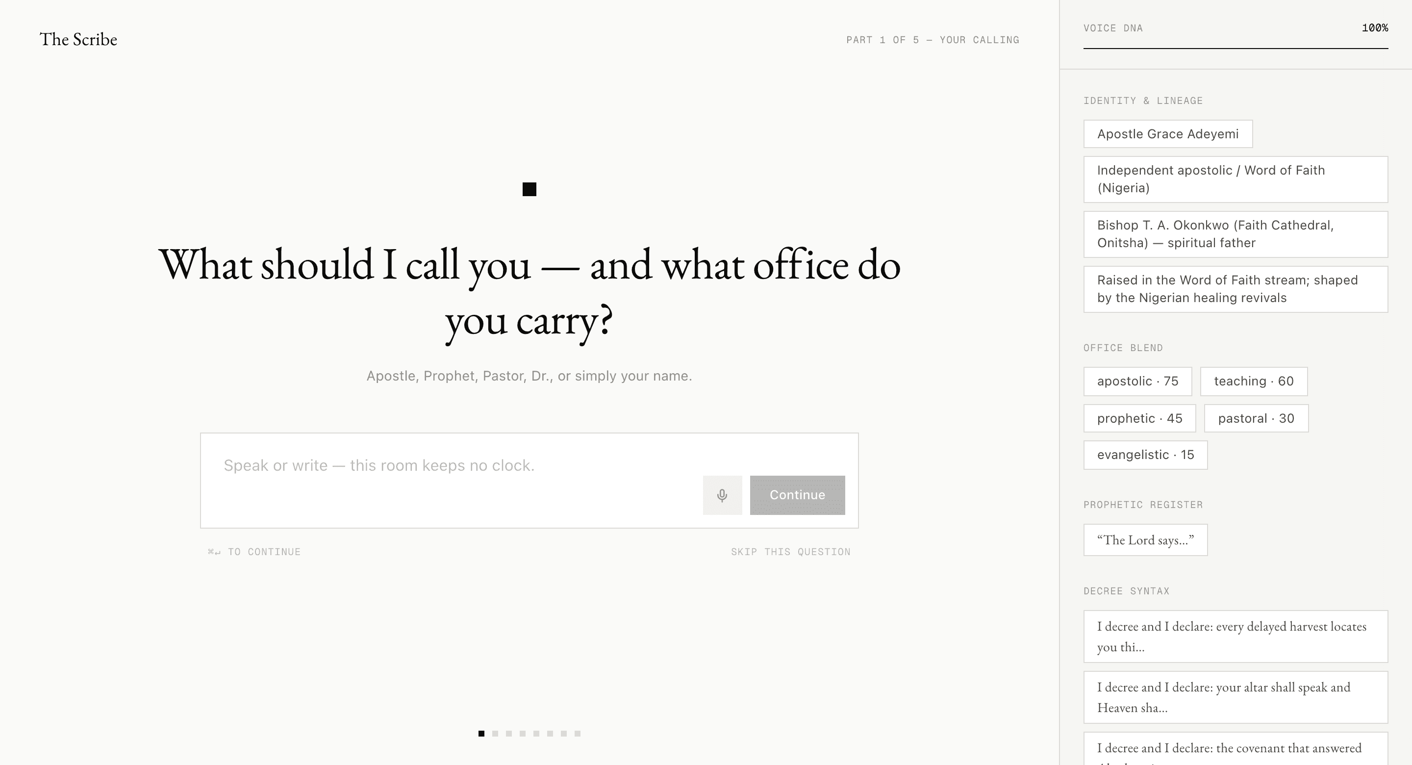 The interview room — a serif question, the Scribe's cursor, and the Voice DNA panel assembling